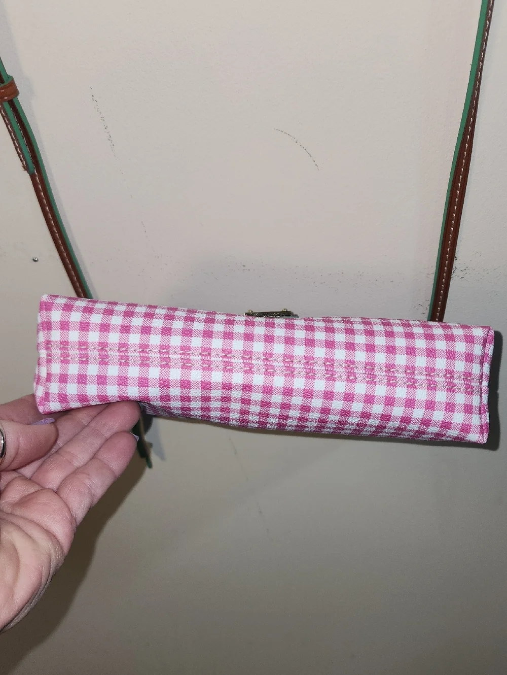 Dooney & Bourke Leather Picnic Pink Mint Gingham Crossbody Shoulder Bag Purse - Picture 7 of 12